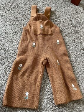 Hand-Knit Floral Overalls in Warm Caramel baby girl 9-12M